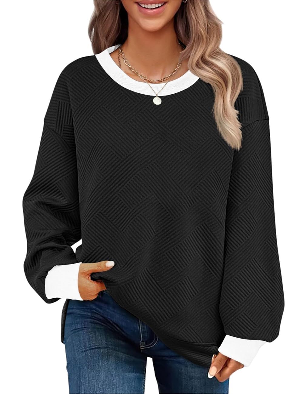 LOMON Crewneck Sweatshirt Women Long Sleeve Oversized Shirts Trendy Fall Tops Dressy Casual Ladies Cute Textured Blouses Loose Business Work Hoodies (Black and WhiteS)