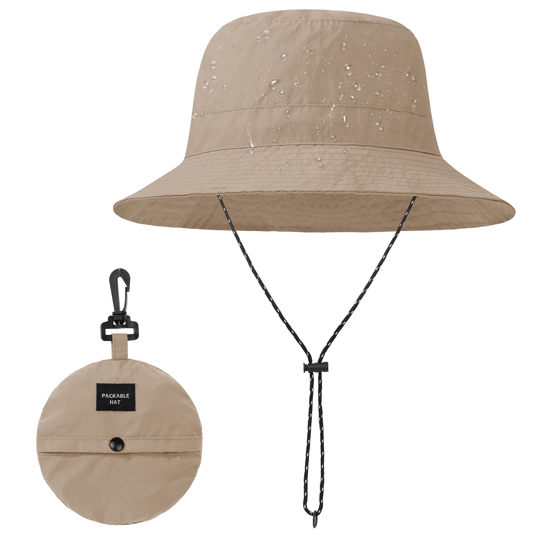 Zando Waterproof Bucket Hat for Women Men Outdoor Fishing Hats for Men Packable Sun Hat Women Beach Hiking Hat Wide Brim Summer Hat Adjustable Bucket Hat with Strings for Men Khaki Bucket Hat