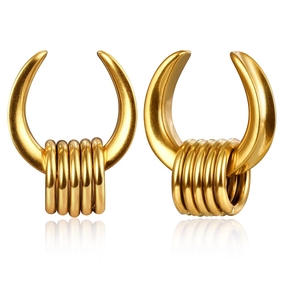 Earblity 1 Pair saddle Gauges with 10pcs rings 00g/ 10mm Ear Tunnels Plugs 316 Stainless Steel Gold Ear Gauges Weight Saddle Plugs Hypoallergenic expander Piercing Body Jewelry