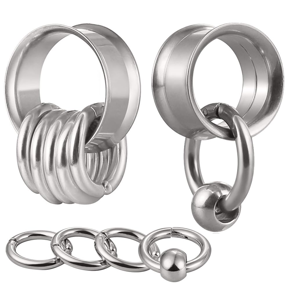 BOKABOO 2 Pcs Ear Plugs Tunnels with 10 Pcs Stacked Rings and 2 Pcs Beads Stainless Steel Ear Gauges 7/8 Gauges for Ears Silver Surgical Steel Ear Stretcher Expander Body Jewelry