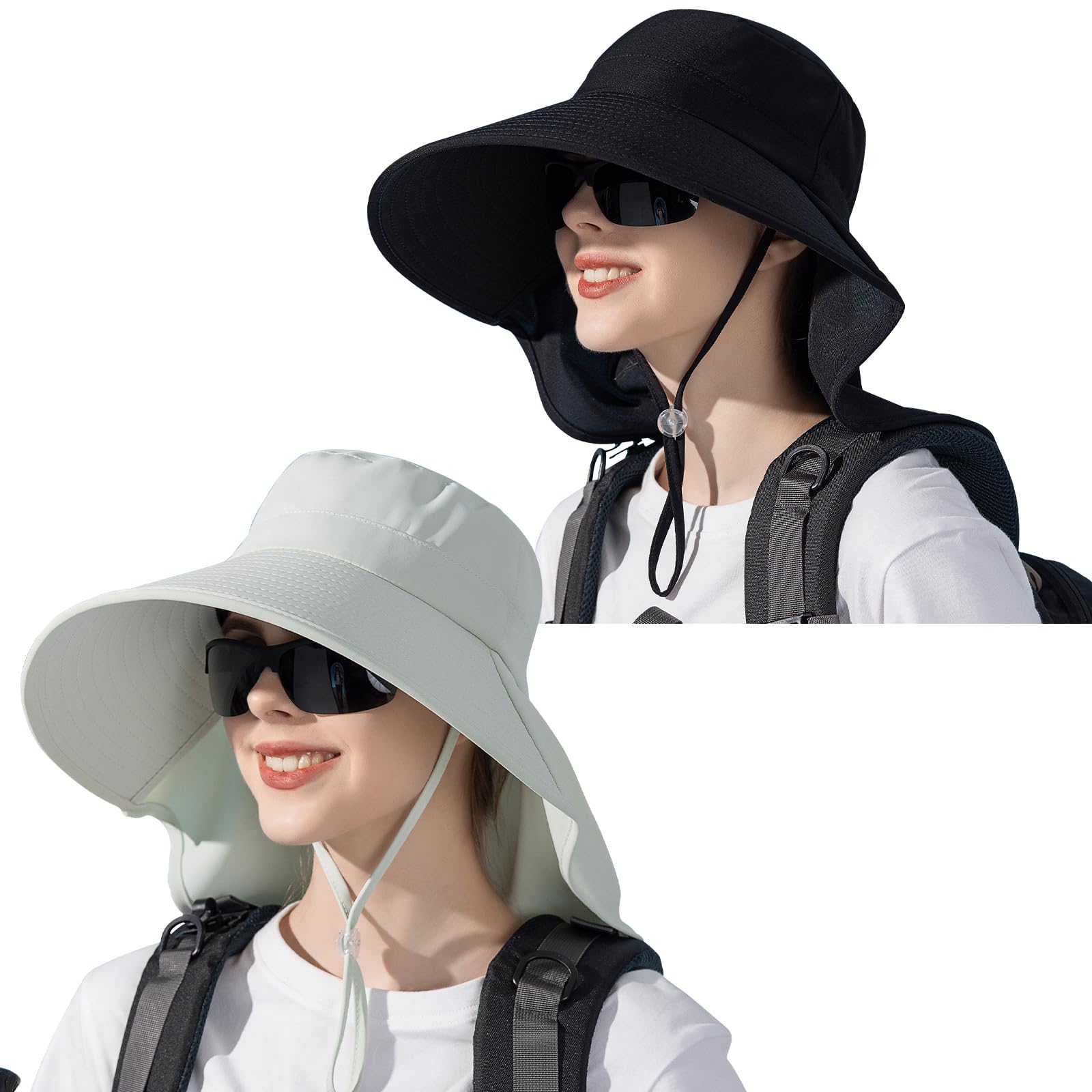 Sun Hat for Women with Neck Flap Ponytail Hole Women Sun Hat Rollable UV Protection Fishing Hat Wide Brim UPF 50+(Black+Green)