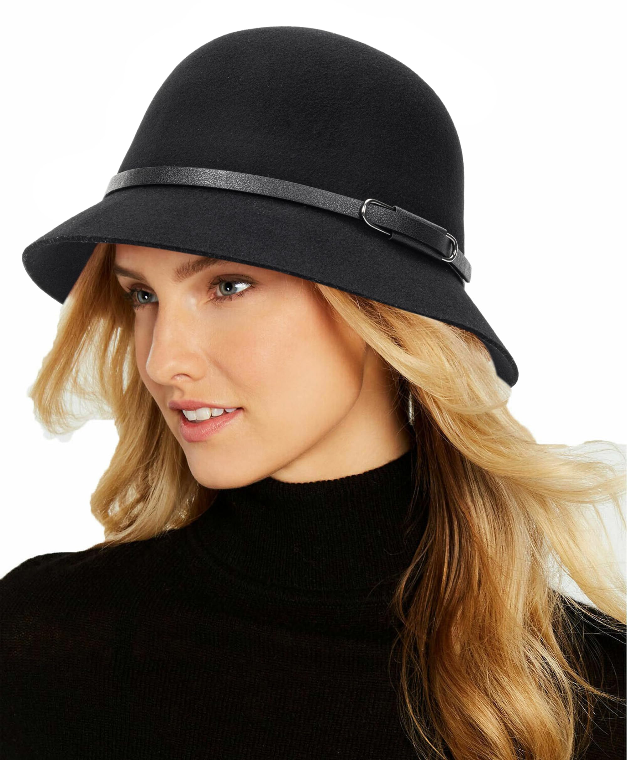 Women 1920s Classic Wool-Felt-Cloche Church-Hat Crushable Round-Bowler-Hat Derby Hat Party Black